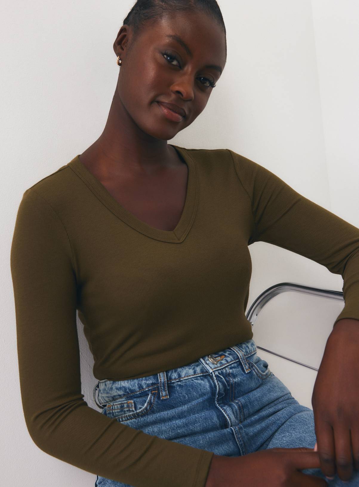 Dark Green Deep V-Neck Ribbed Long Sleeve Top 22 - Image 1